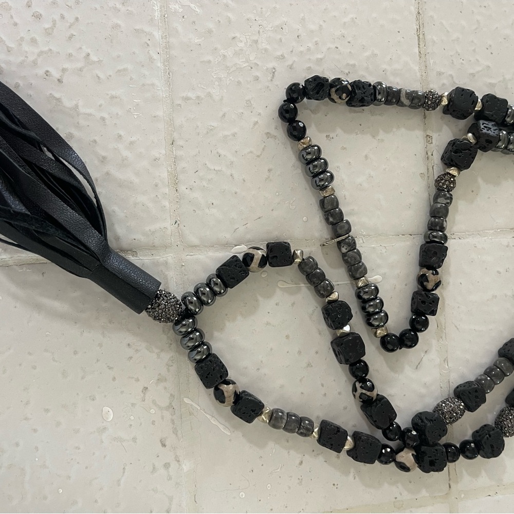 Elegant Black and Gray Beaded Necklace with Tassel